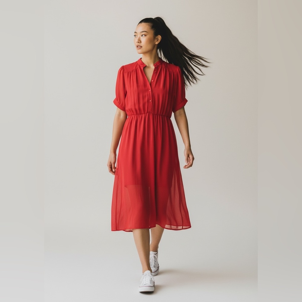 Vintage A-Line Midi Dress Size S Sheer Elastic Waist Solid Red Retro Feminine - Picture 4 of 11